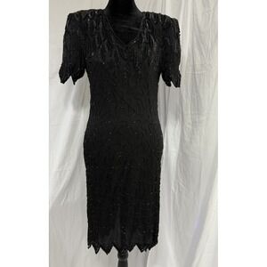 Vtg‎ Laurence Kazar Black Silk Beaded Sequin Cocktail Party Dress Size M
